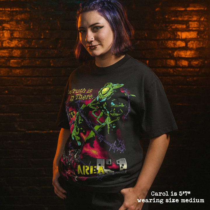 Model wearing heavy tee with area 51 graphic 