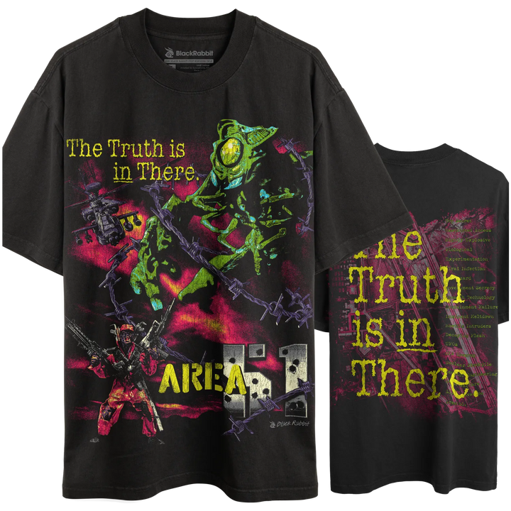 Black graphic t-shirt.