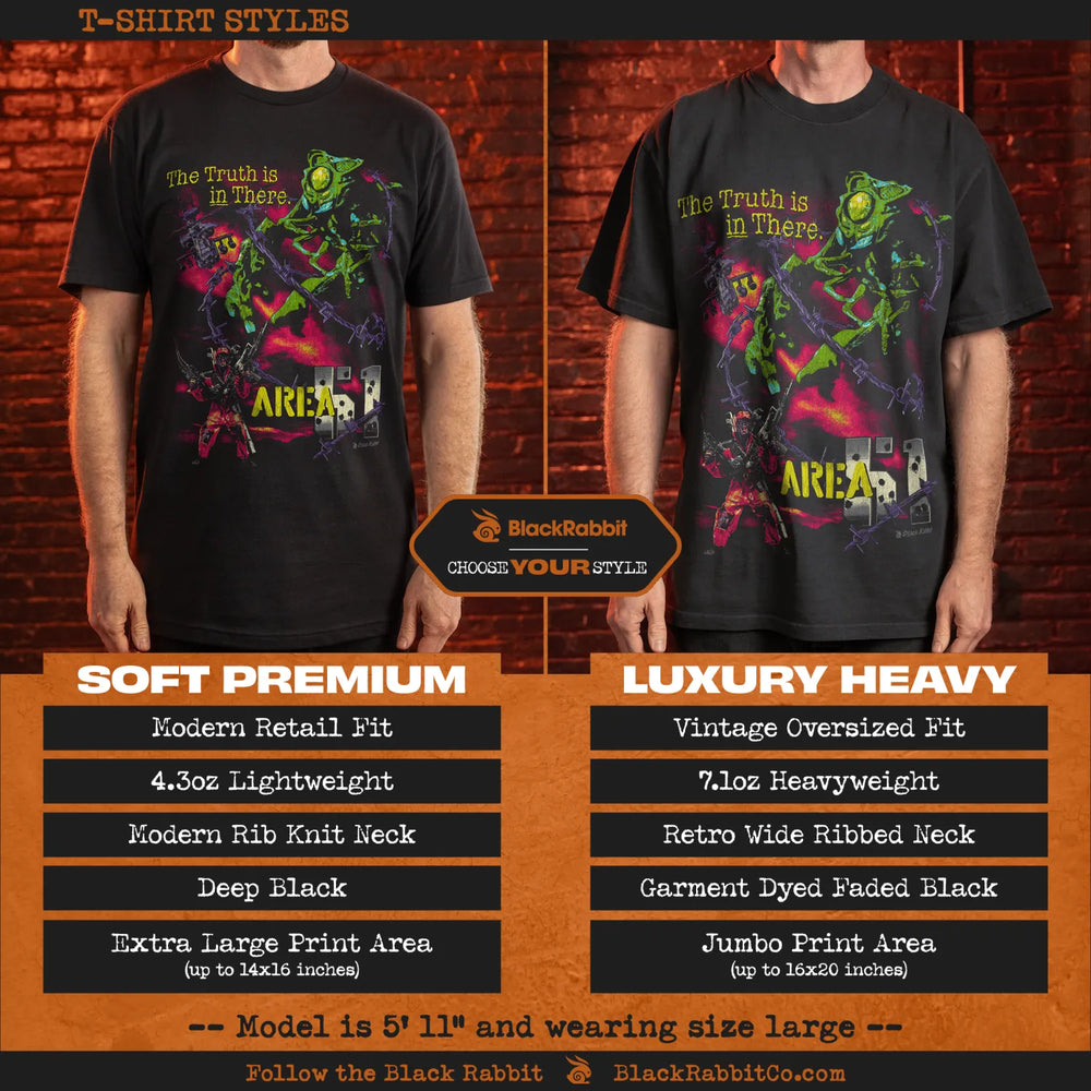 Two black t-shirts with a vibrant, illustrative graphic featuring a green, insect-like creature, chains, and text, offered in ’Soft Premium’ and ’Luxury Heavy’ styles with differing fits, weights, necklines, and print areas.