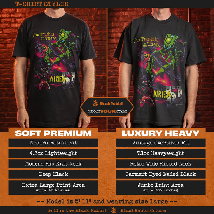 Two black t-shirts with a vibrant, illustrative graphic featuring a green, insect-like creature, chains, and text, offered in ’Soft Premium’ and ’Luxury Heavy’ styles with differing fits, weights, necklines, and print areas.