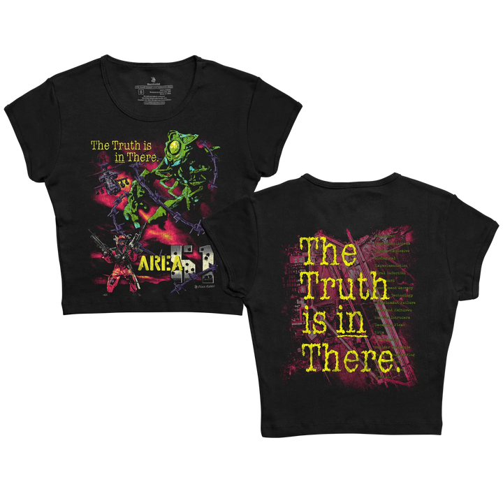 Black cropped t-shirt featuring a vibrant graphic of green alien figures and red explosions with the text ’the truth is in there’ printed on both front and back.