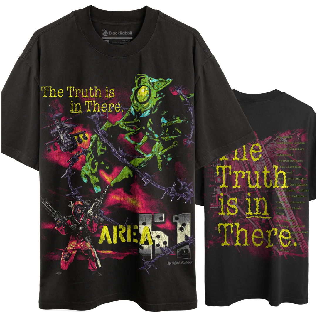 Black graphic t-shirt.