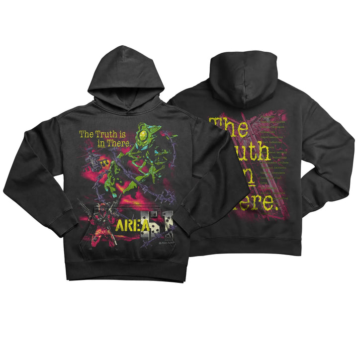 Black hoodie with alien graphic.