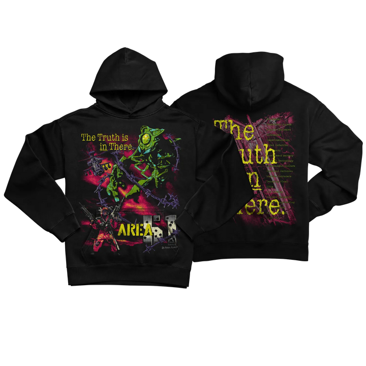 Black alien hoodie with vibrant neon design and text ’the truth is in there’