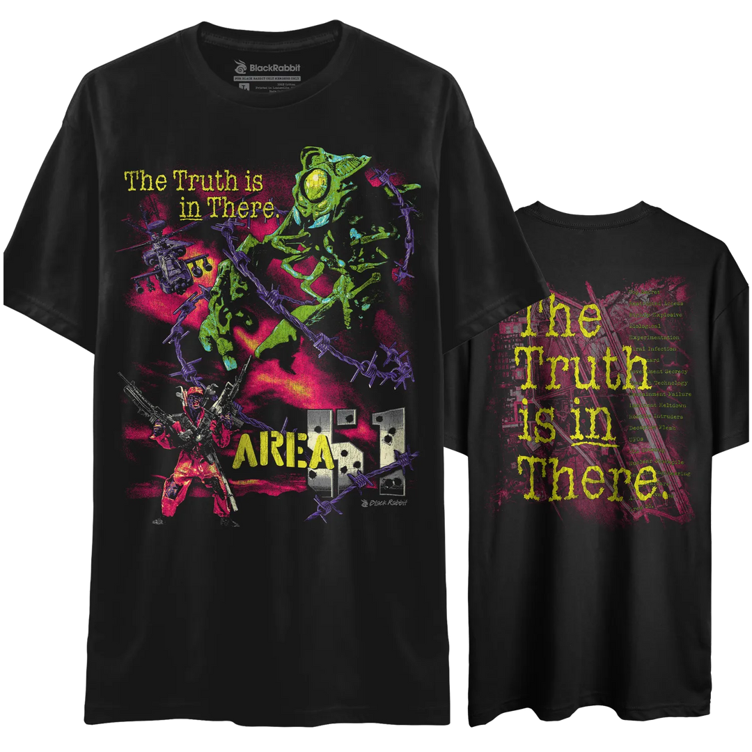 Black graphic t-shirt.
