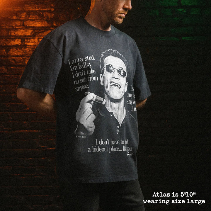 Male model wearing stone washed heavy tee with arnold stogie graphic 