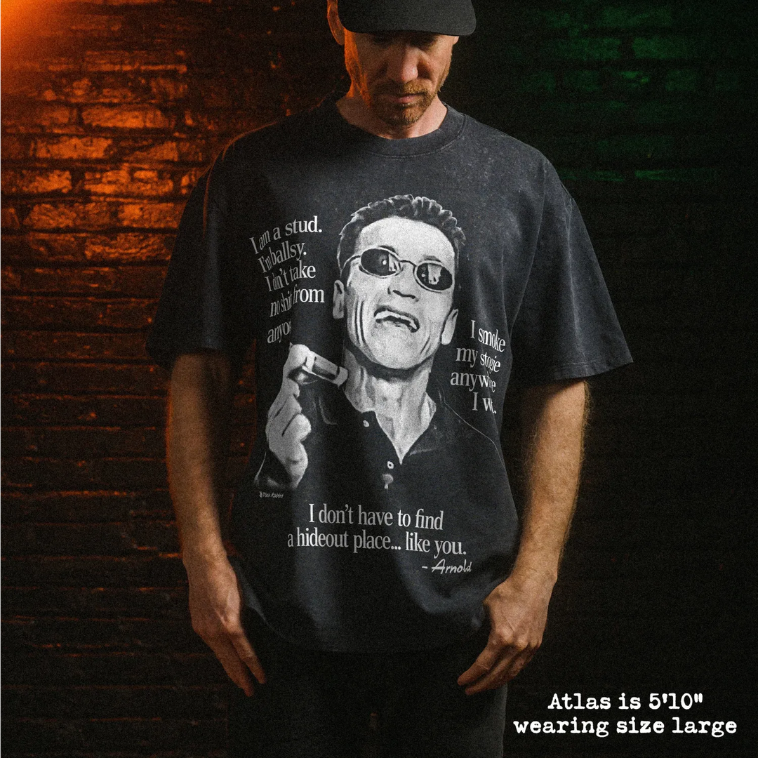 Male model wearing stone washed heavy tee with arnold stogie graphic 