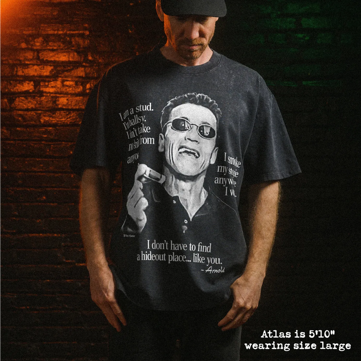 Male model wearing stone washed heavy tee with arnold stogie graphic 
