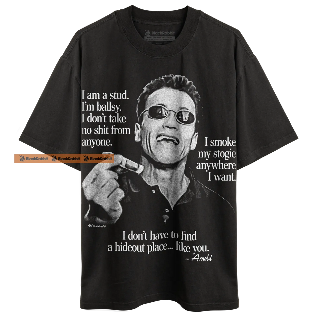 Black t-shirt with Arnold Schwarzenegger graphic.