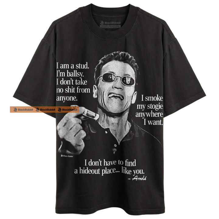Black t-shirt with Arnold Schwarzenegger graphic.