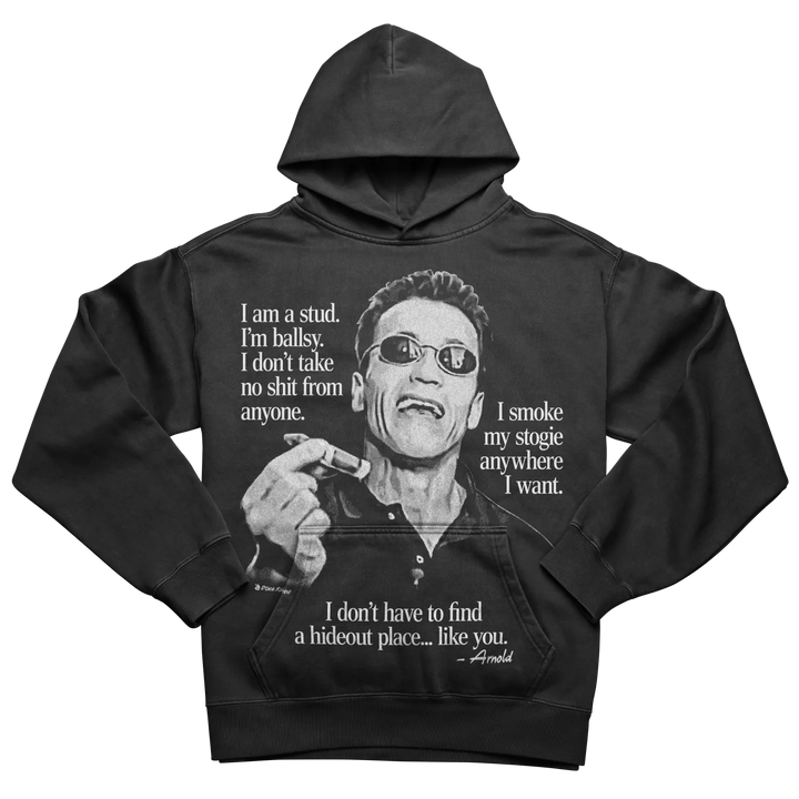 Black hooded sweatshirt with Arnold Schwarzenegger graphic.