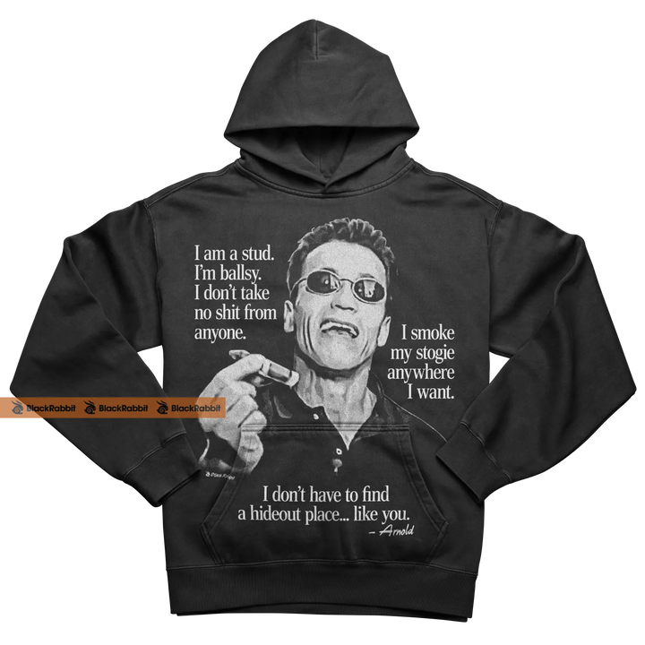 Black hoodie with Arnold Schwarzenegger graphic.