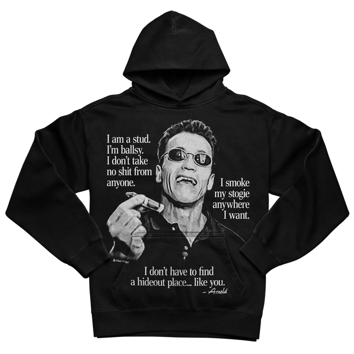 Black hoodie with arnold schwarzenegger graphic and quotes.