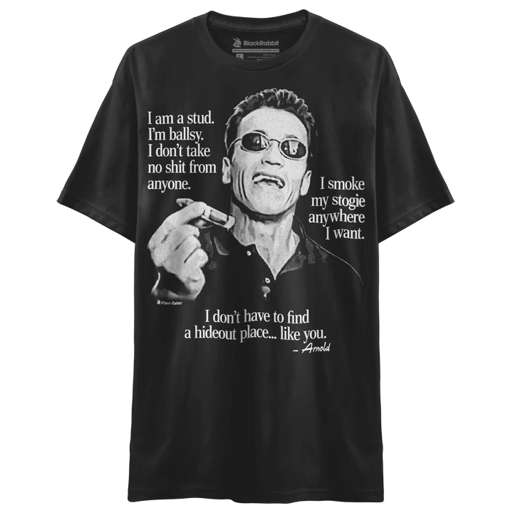 Black t-shirt with an Arnold Schwarzenegger graphic.