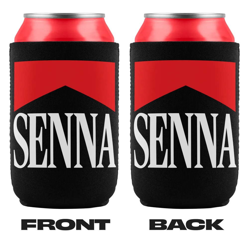 Two can coolers with ’SENNA’ and a red and black design.