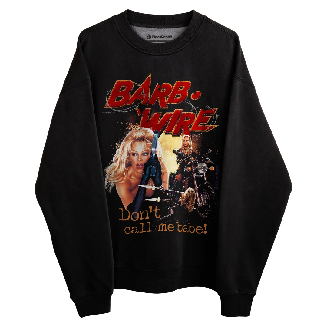 Black sweatshirt with ’barb wire’ graphic and text design.