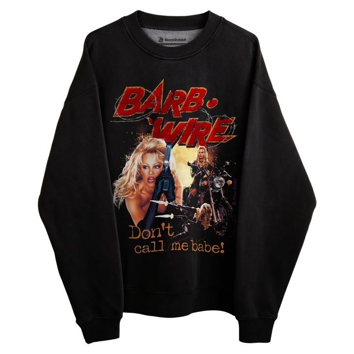 Black sweatshirt with ’barb wire’ graphic and text design.