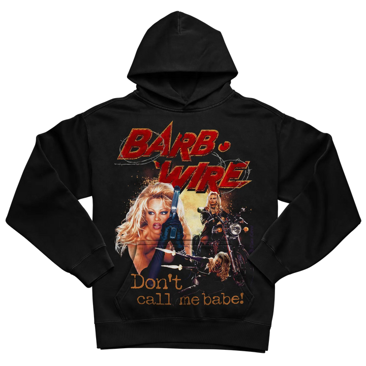 Black hoodie with graphic design of ’barb wire’ and slogan ’don’t call me babe!’ featuring two characters.