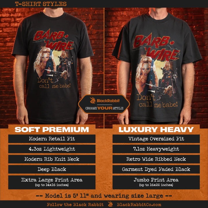 Black rabbit t-shirt with retro design and jumbo print area, deep black color, 4.3oz lightweight material, modern retail fit, ribbed neck, faded black garment dyeing, vintage oversized fit, model is size large.