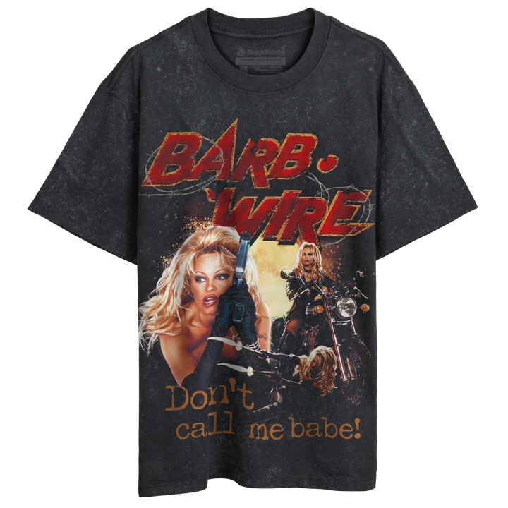 Black t-shirt with graphic design of a woman and motorcycle, ’barb wire’ in bold red letters below.