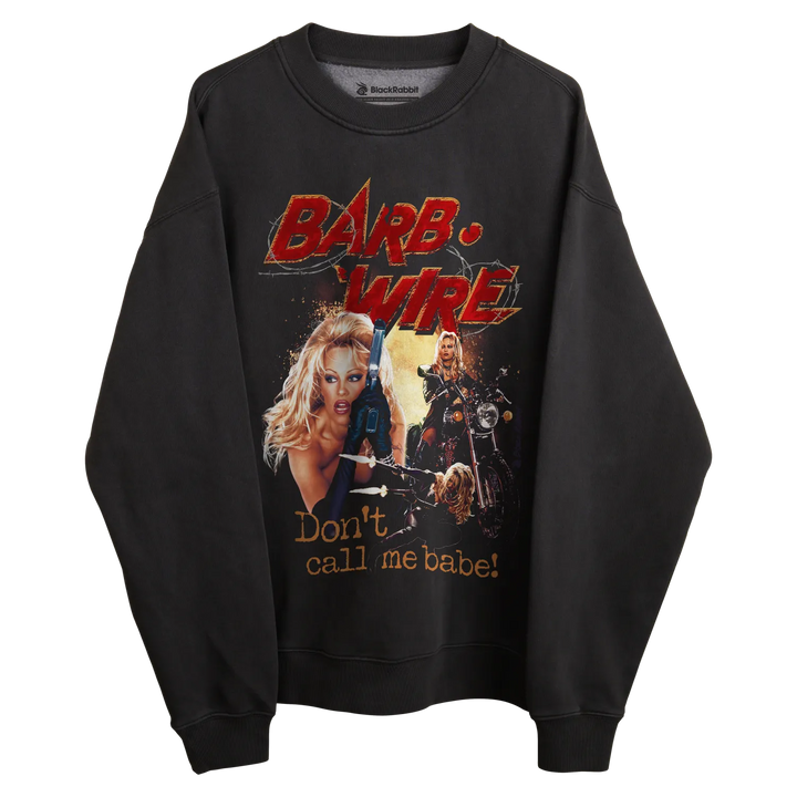 Black sweatshirt with ’barb wire’ graphic and text design.