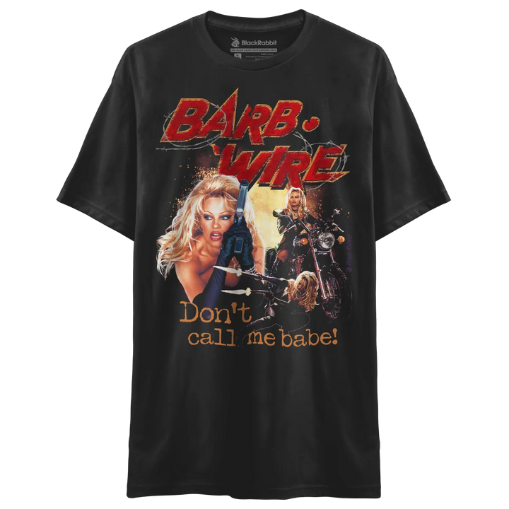 Black t-shirt with ’barb wire’ graphic and slogan.