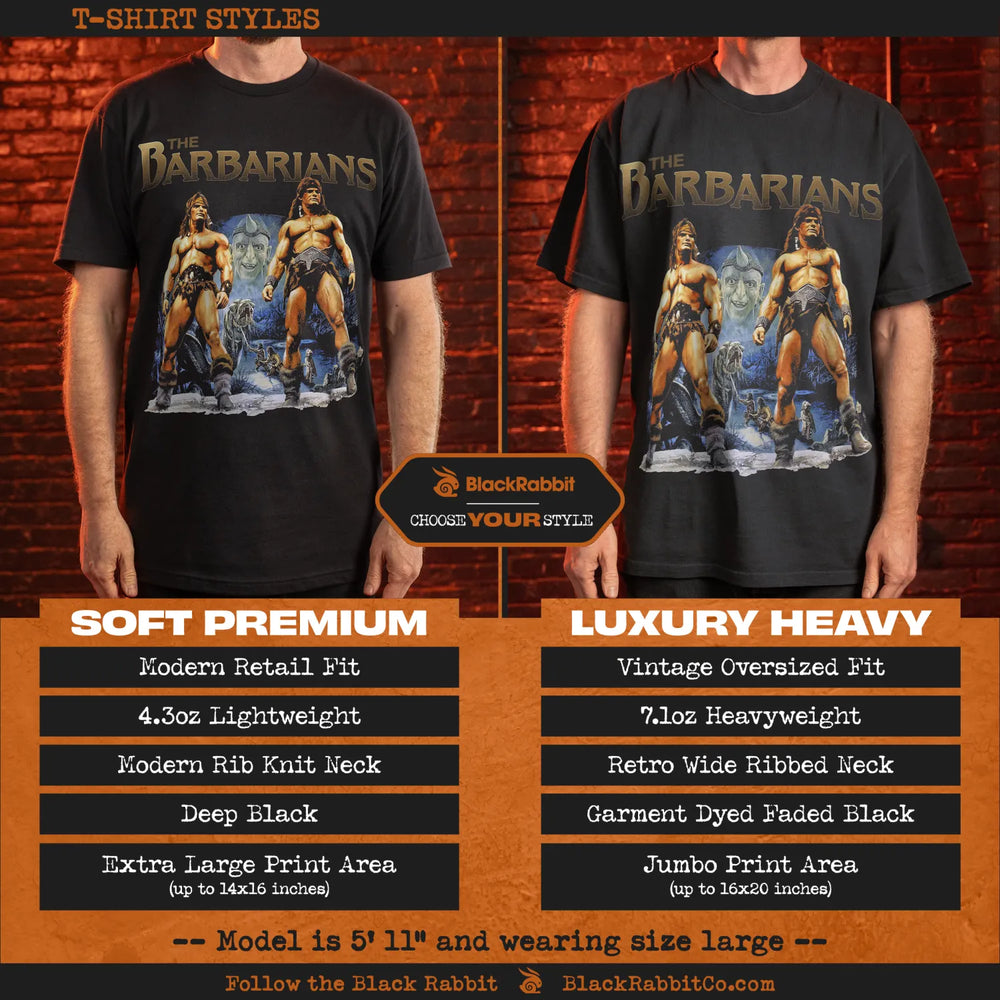 Black t-shirt with ’the barbarians’ graphic, retro wide ribbed neck, 4.3oz lightweight material, modern retail fit, jumbo print area up to 20x16 inches, vintage oversized fit