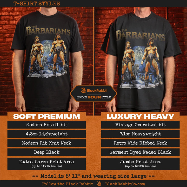 Black t-shirt with ’the barbarians’ graphic, retro wide ribbed neck, 4.3oz lightweight material, modern retail fit, jumbo print area up to 20x16 inches, vintage oversized fit