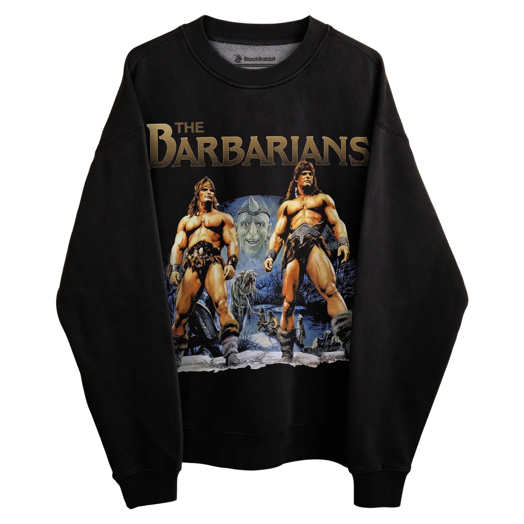 Black long-sleeved sweatshirt with ’the barbarians’ graphic featuring two muscular figures.