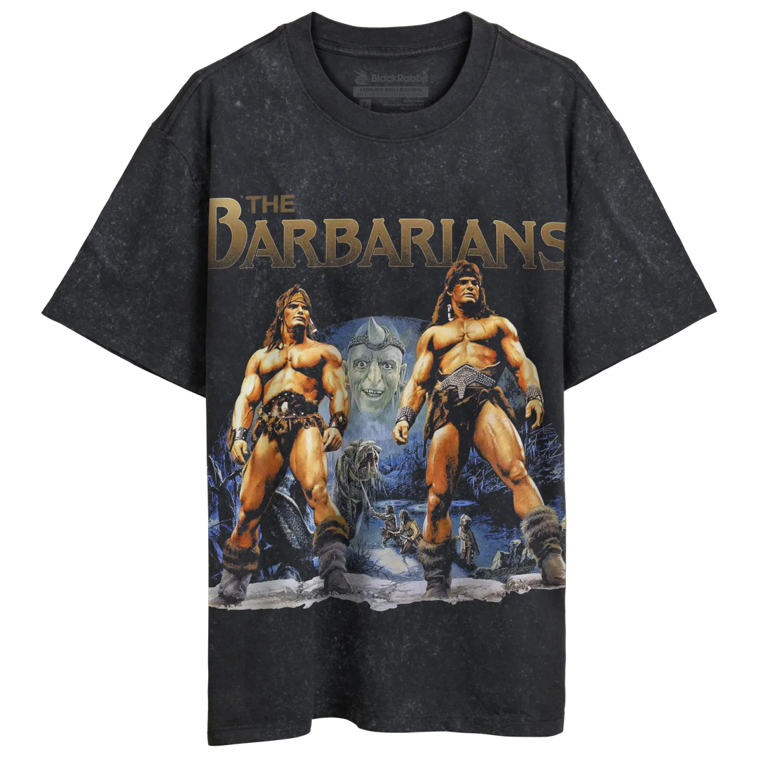 Black t-shirt with ’the barbarians’ graphic featuring two muscular figures in armor, worn over a faded background.