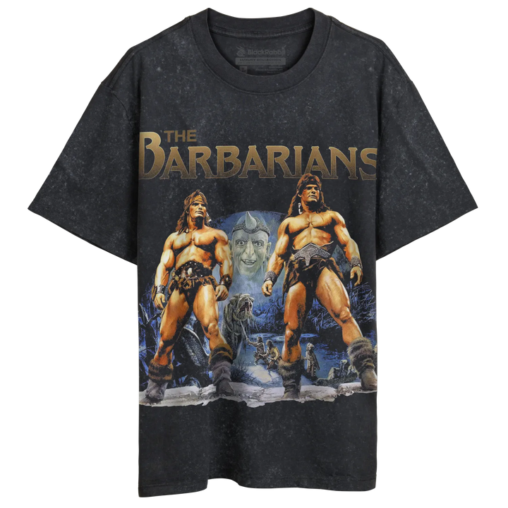 Black t-shirt with ’the barbarians’ graphic featuring two muscular figures in armor, worn over a faded background.