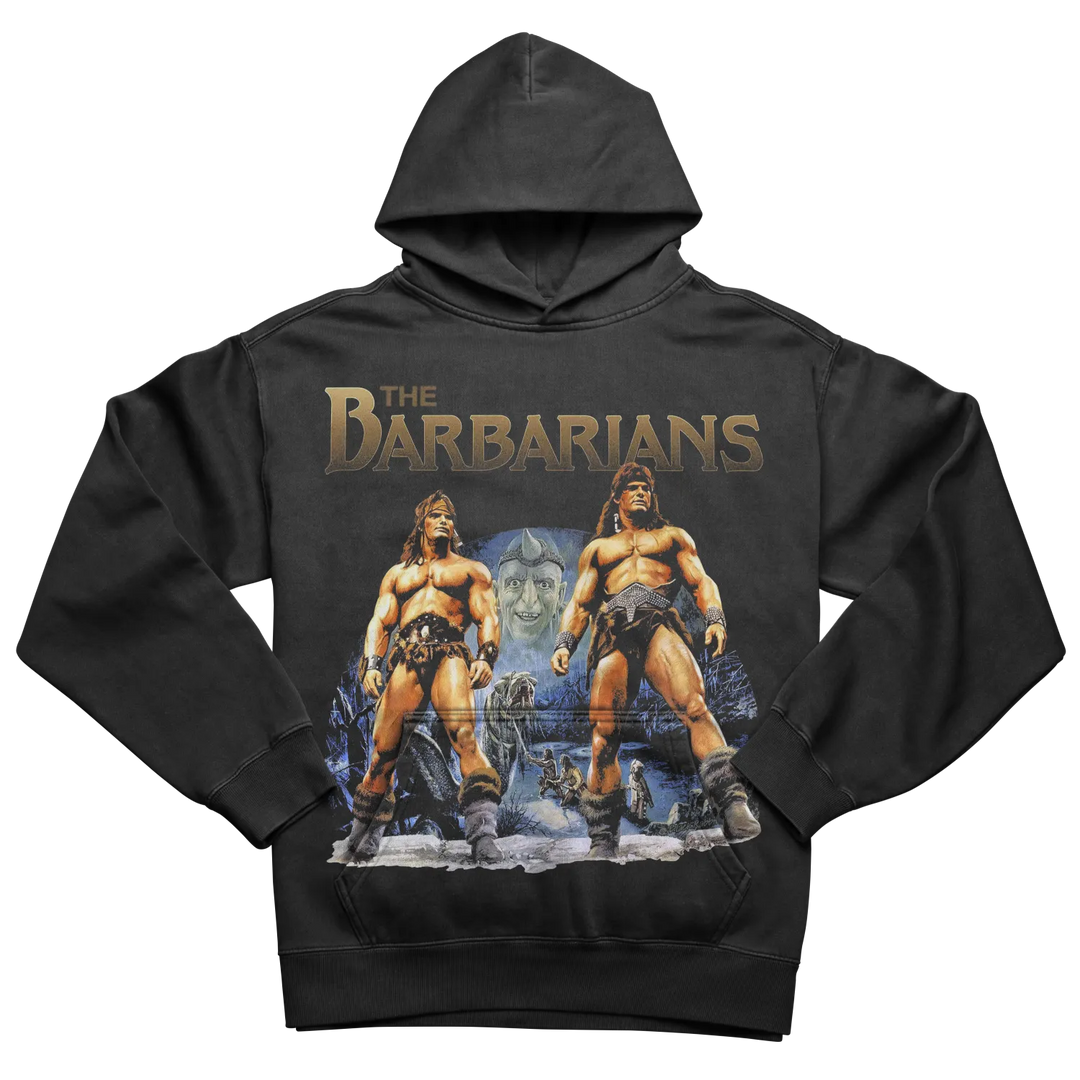 Black hooded sweatshirt with ’the barbarians’ graphic featuring two muscular figures in a fantasy setting.