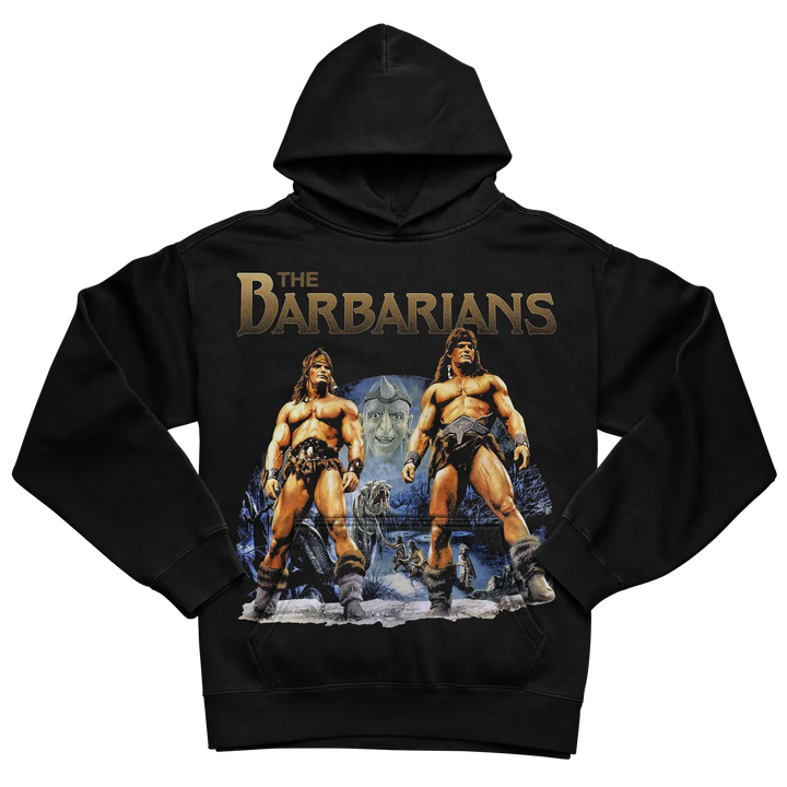 Black hooded sweatshirt with ’the barbarians’ graphic featuring two muscular figures in a fantasy setting.