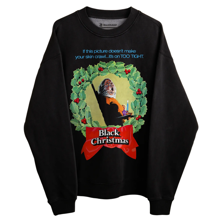 Black sweatshirt with ’black christmas’ design featuring a wreath and text.