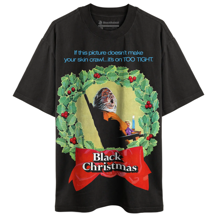Black short-sleeved t-shirt with a horror-themed Christmas wreath graphic.