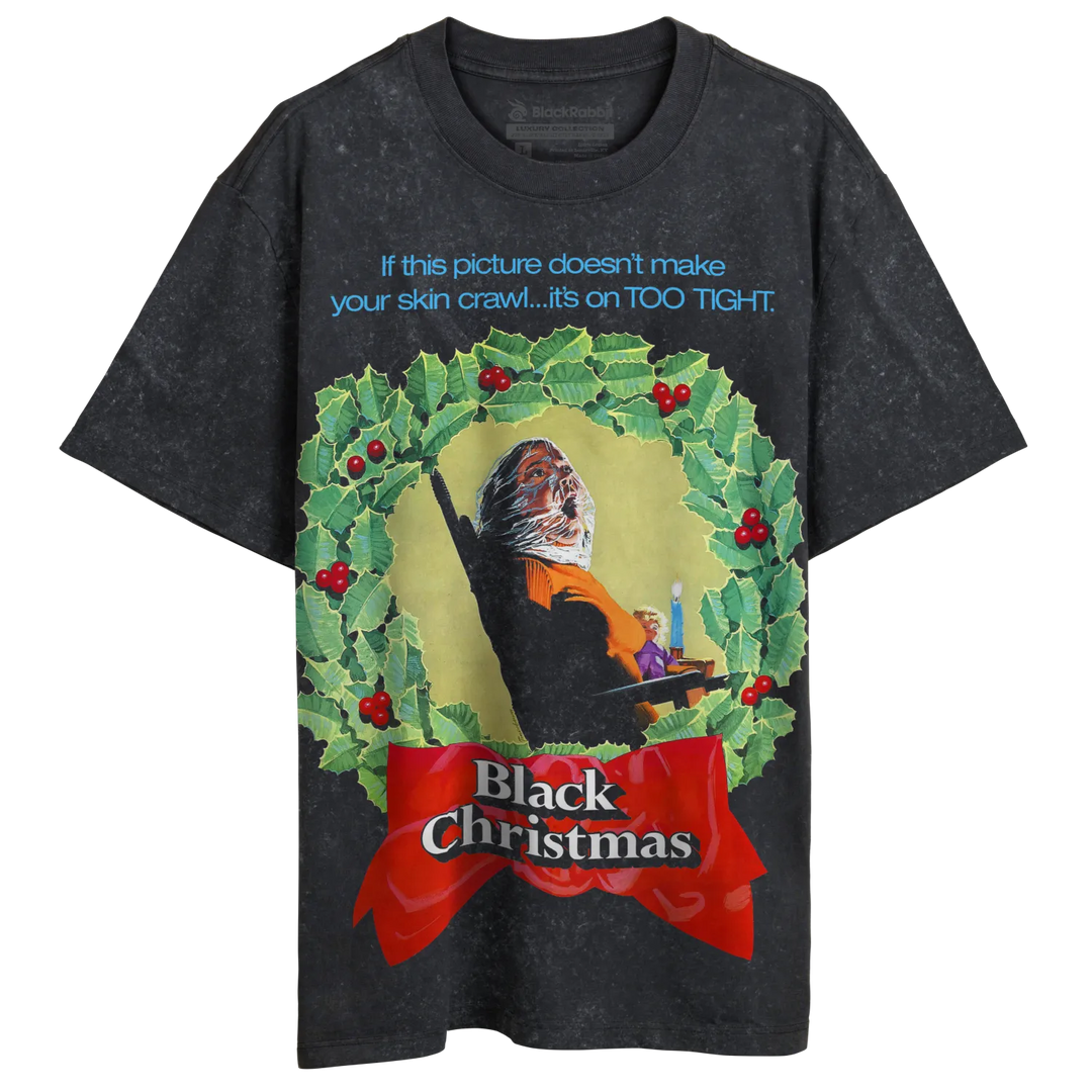 A distressed black t-shirt featuring a ’Black Christmas’ holiday horror design.