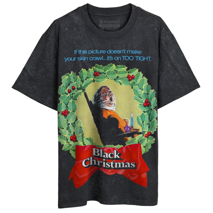 A distressed black t-shirt featuring a ’Black Christmas’ holiday horror design.