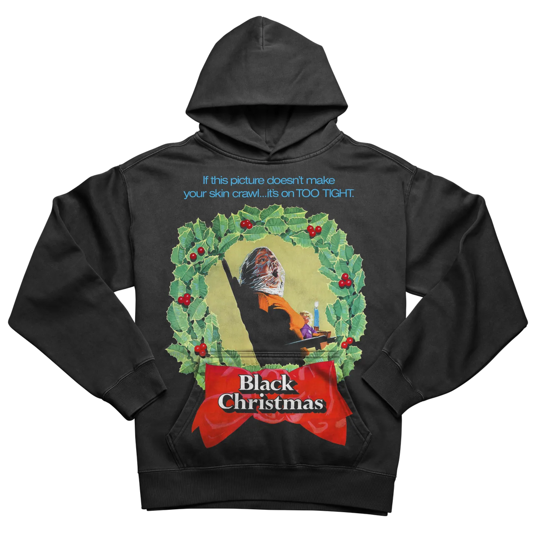 Black hooded sweatshirt with a festive horror-themed graphic.