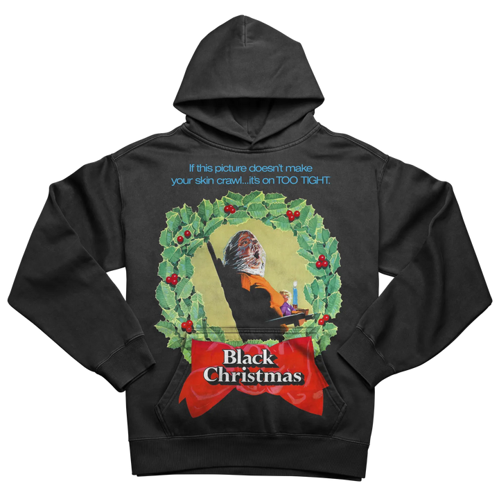 Black hooded sweatshirt with a festive horror-themed graphic.