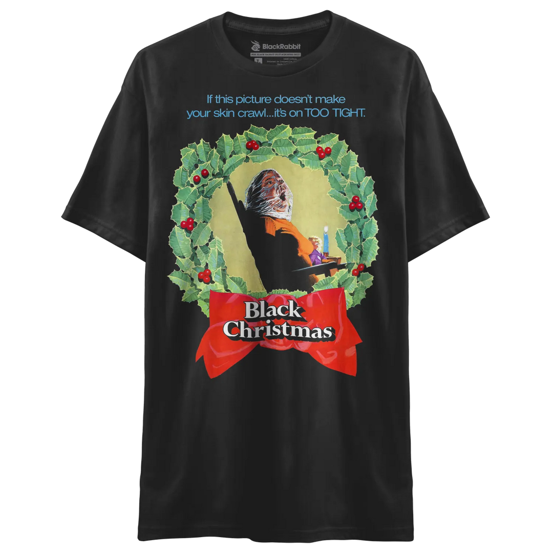 Black t-shirt with a festive horror-themed graphic.