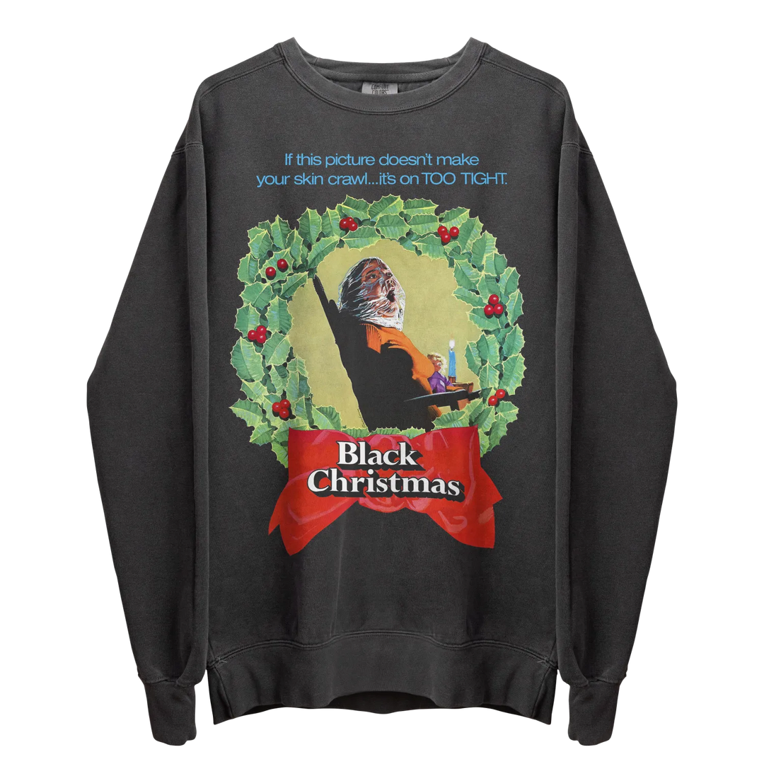 Black Christmas-themed graphic sweatshirt.