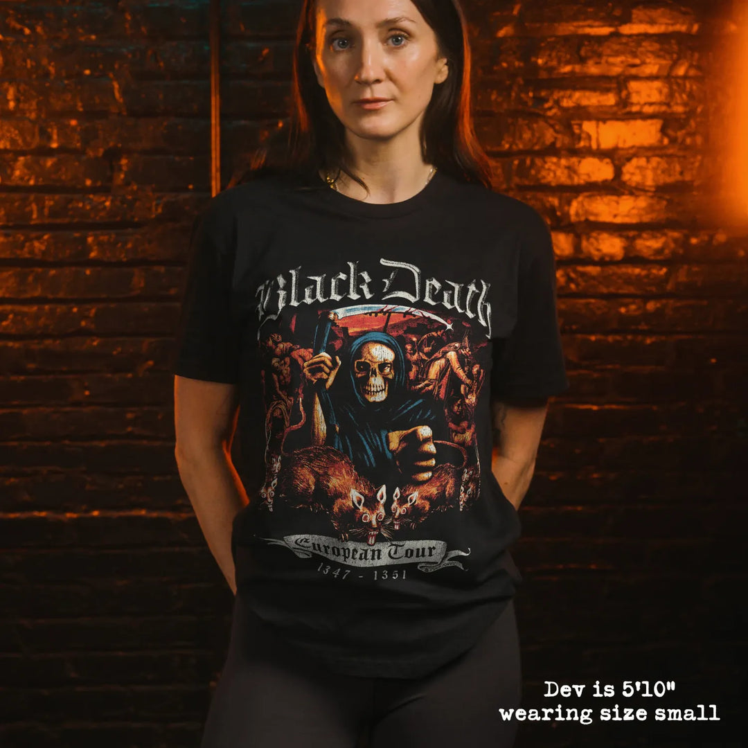 Model wearing black premium tee with black death graphic 