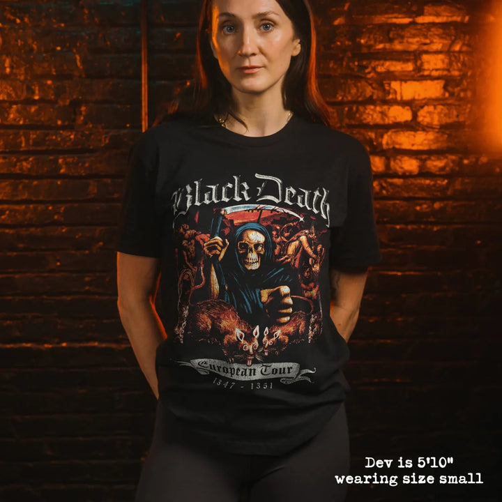 Model wearing black premium tee with black death graphic 