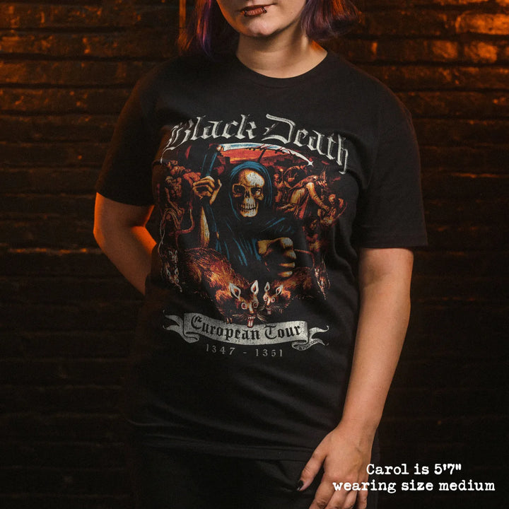 Model wearing black premium tee with black death graphic 