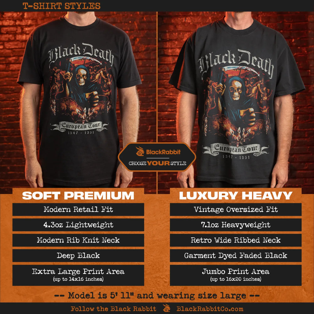 Black death t-shirt with retro wide ribbed neck and jumbo print area