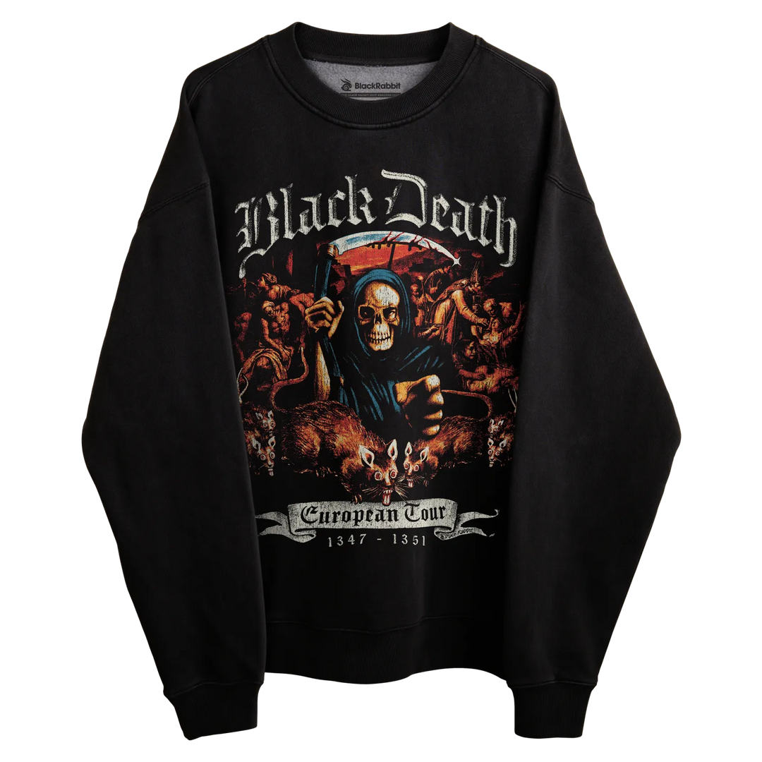 Black sweatshirt with ’black death’ european tour 1347-1851 design, featuring a skull and various figures.