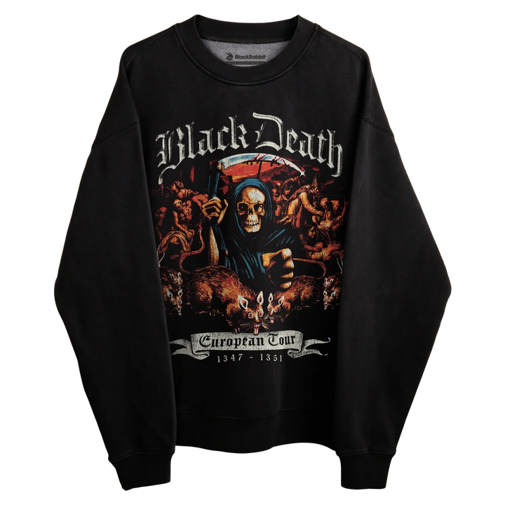 Black sweatshirt with ’black death’ european tour 1347-1851 design, featuring a skull and various figures.