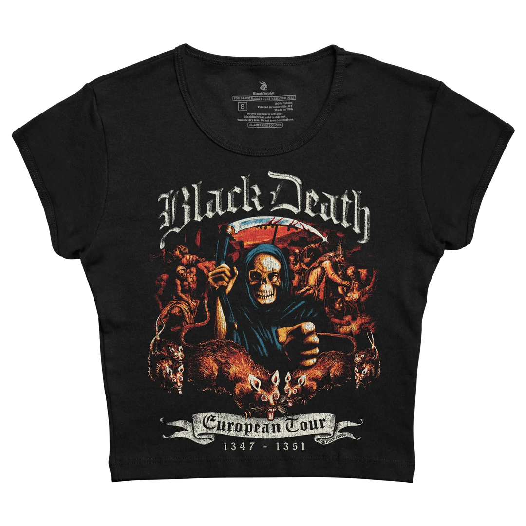 Black death european tour 1347–1351 cropped black t-shirt featuring a detailed graphic of the grim reaper in blue robes holding a scythe, surrounded by rats and demonic figures with red and orange accents.