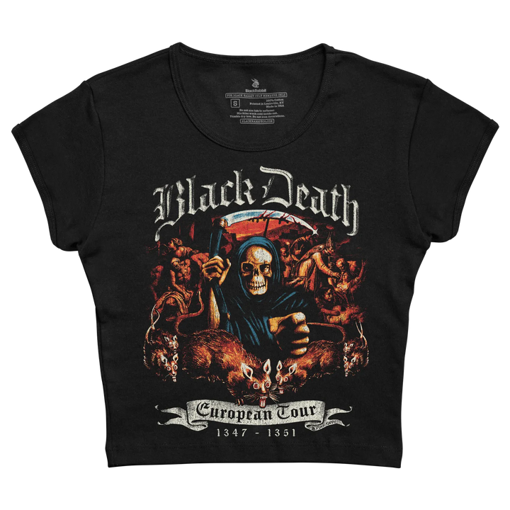 Black death european tour 1347–1351 cropped black t-shirt featuring a detailed graphic of the grim reaper in blue robes holding a scythe, surrounded by rats and demonic figures with red and orange accents.