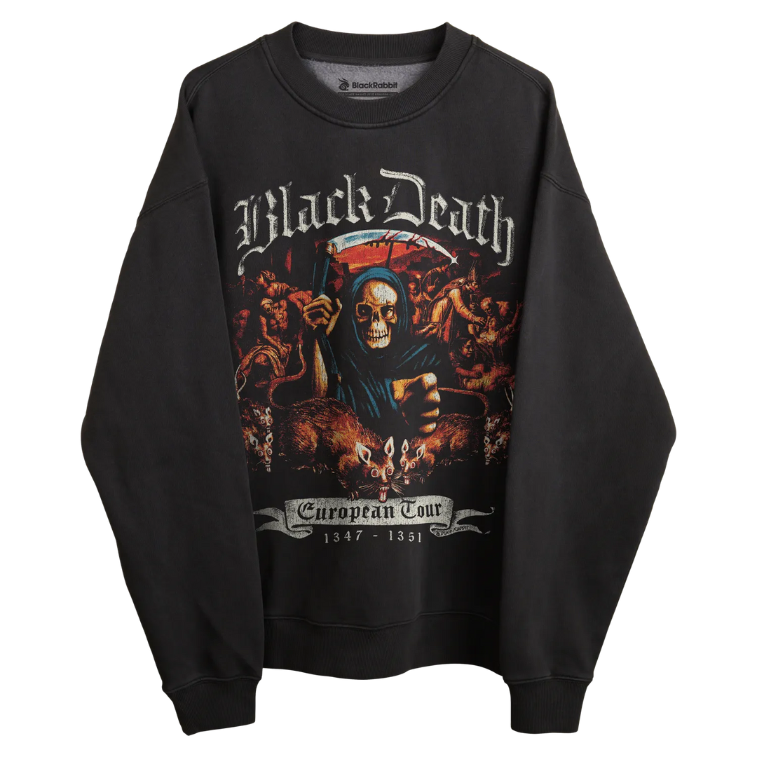 Black sweatshirt with ’black death’ european tour design featuring a grim reaper and skulls, made of cotton.